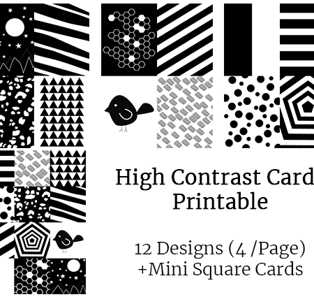 High Contrast Card Printable | 12 Designs on 3 Pages (4 Per Page) + Mini Cards (All 12 Designs on 1 Page)