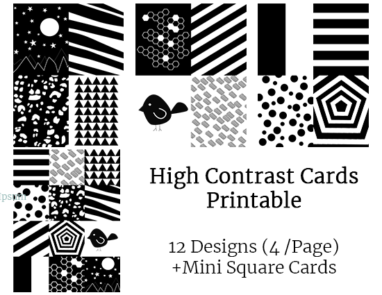 High Contrast Card Printable | 12 Designs on 3 Pages (4 Per Page) + Mini Cards (All 12 Designs on 1 Page)