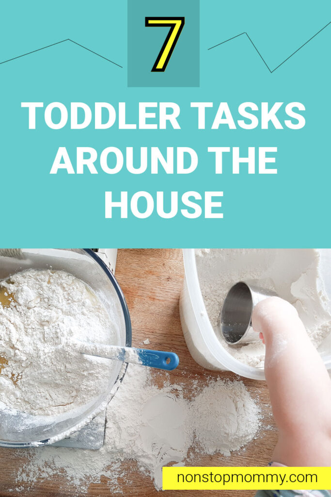 7 Toddler Tasks around the House | The picture is of a toddler measuring and pouring flour into a bowl to make bread.