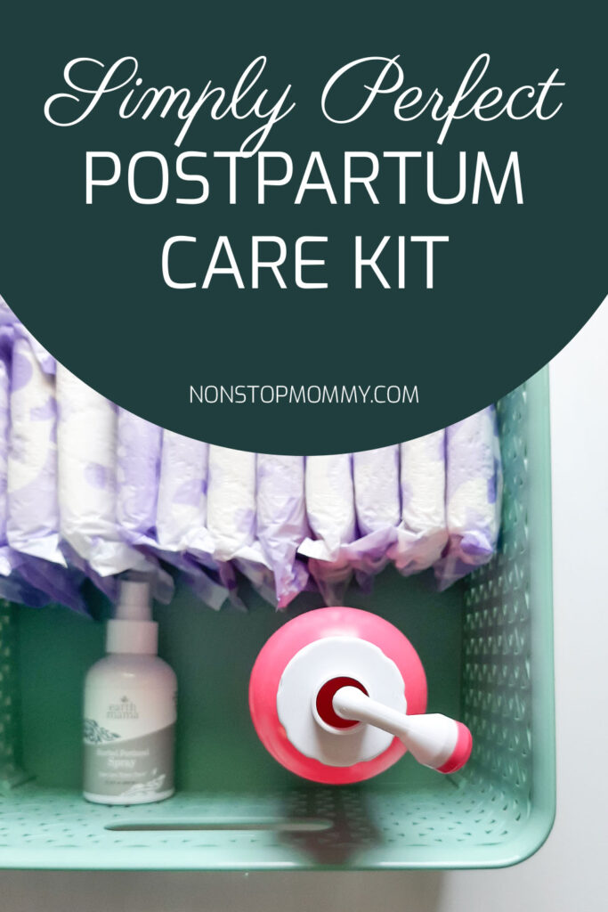 Postpartum Care Kit with Pads, Perineal Spray, and a Peri Bottle at nonstopmommy.com.