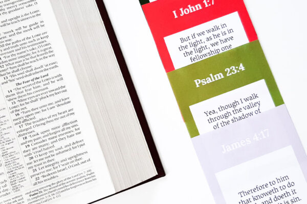 KJV Bible Verse Cards Free Printable with 52 verses (4 shown in picture and an open KJV Bible)