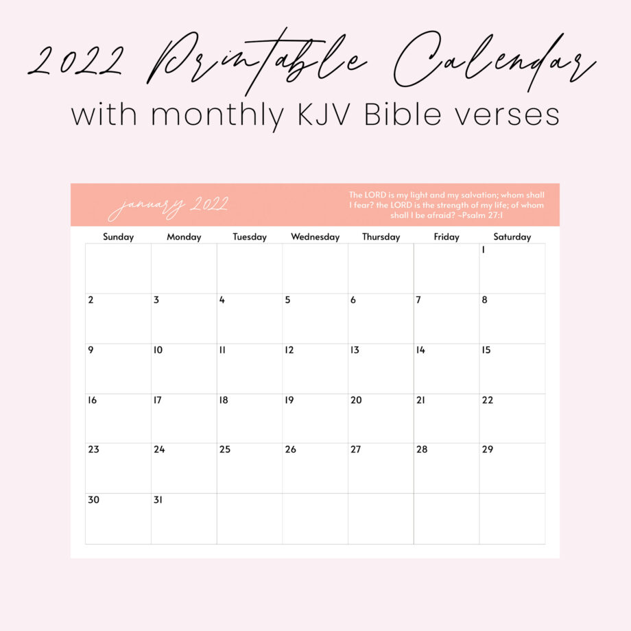 2022 printable calendar with monthly KJV Bible verses