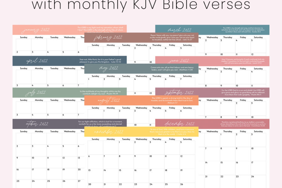 2022 Printable Calendar with monthly KJV Bible verses