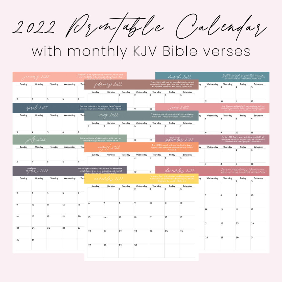 2022 Printable Calendar with monthly KJV Bible verses