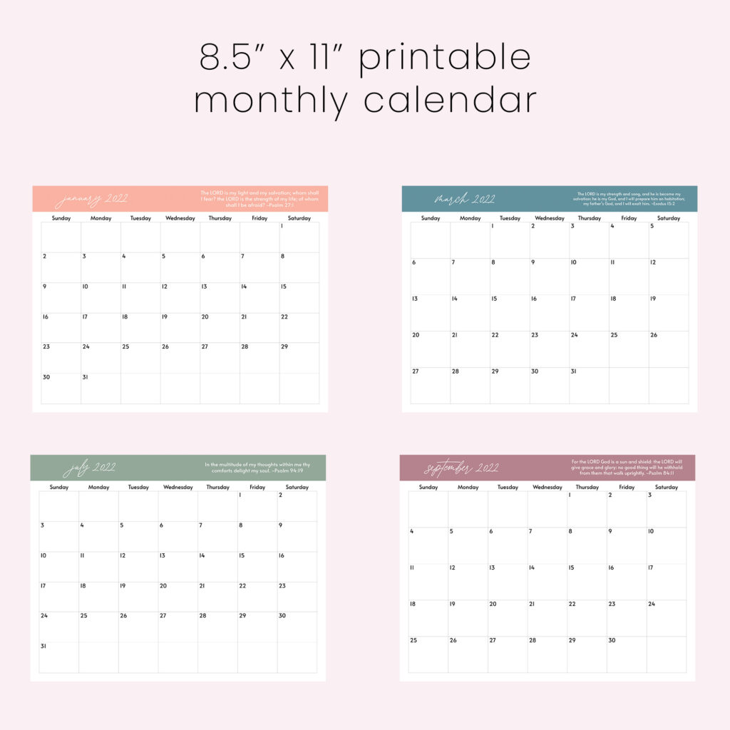8.5" by 11" printable monthly calendar
